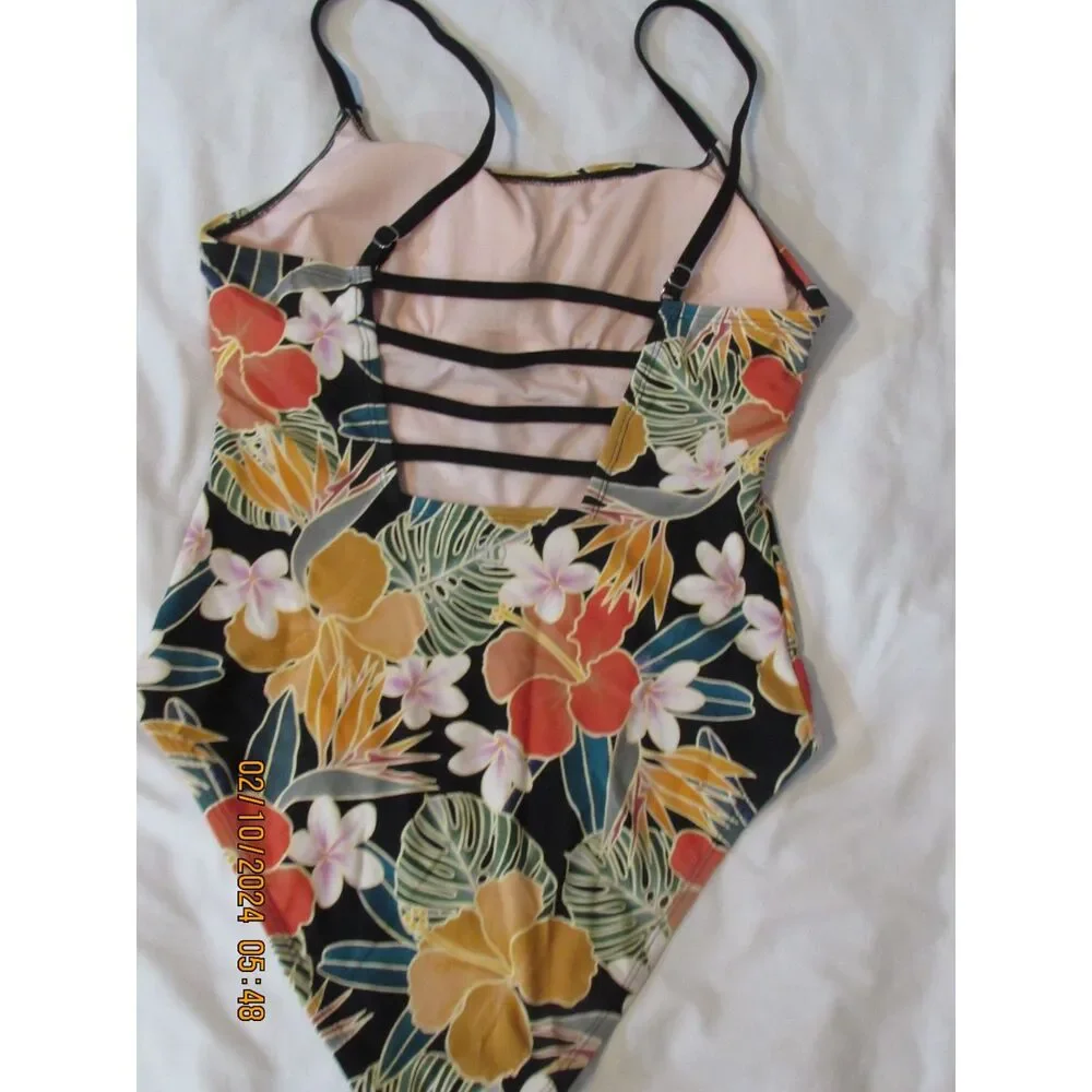 HURLEY SWIMSUIT SIZE L NWOT TROPICAL NOVELTY PRINT ONE PIECE ADJUSTABLE STRAPS